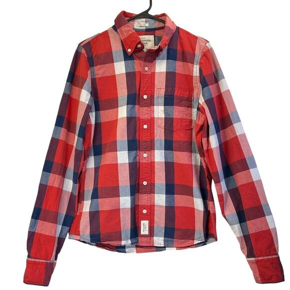 Abercrombie & Fitch Mens L Red/Blue Plaid Muscle Button Preppy/Cabin Top - Picture 1 of 8